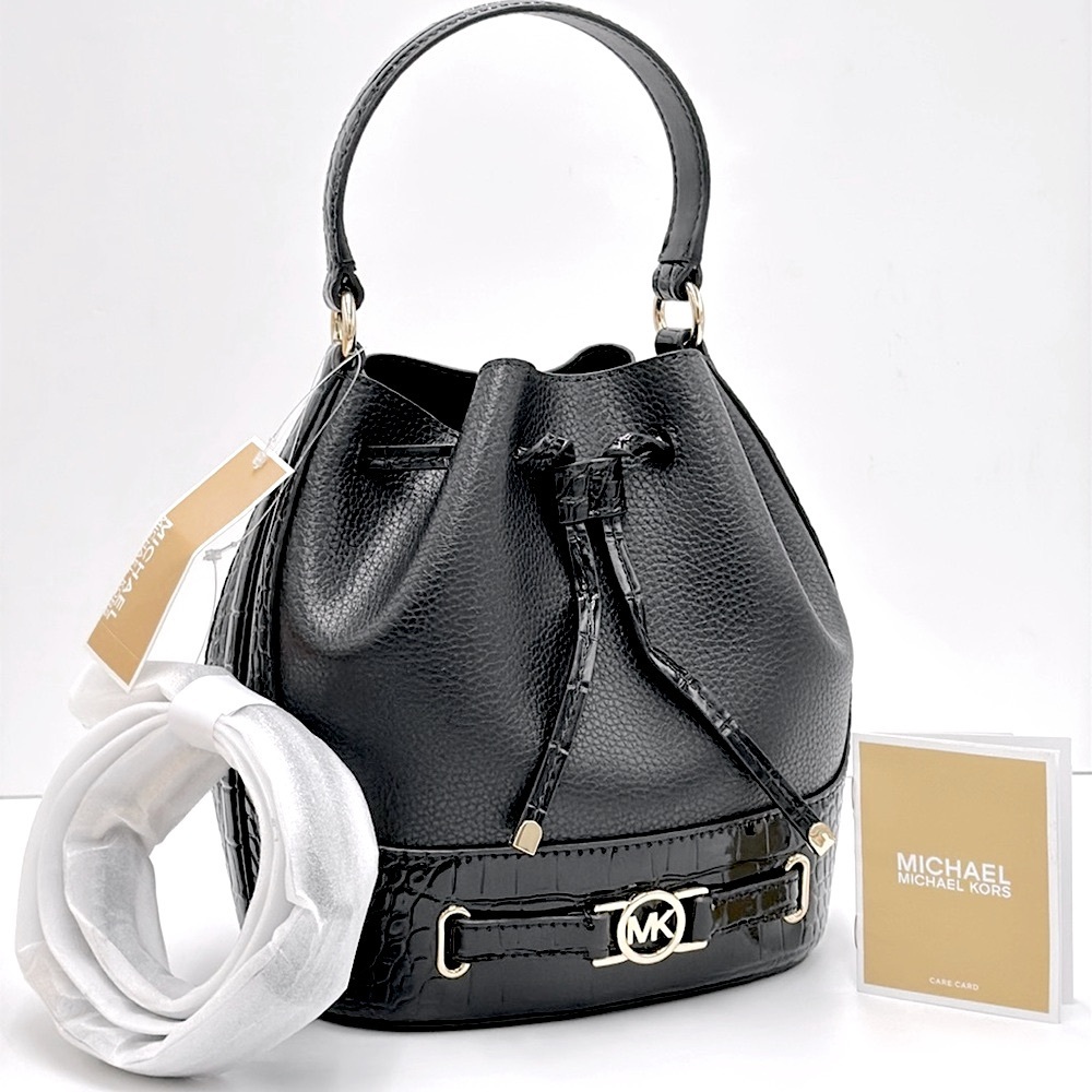 MICHAEL KORS 
Reed Medium Pebbled Leather Belted Bucket Messenger Satchel Crossb